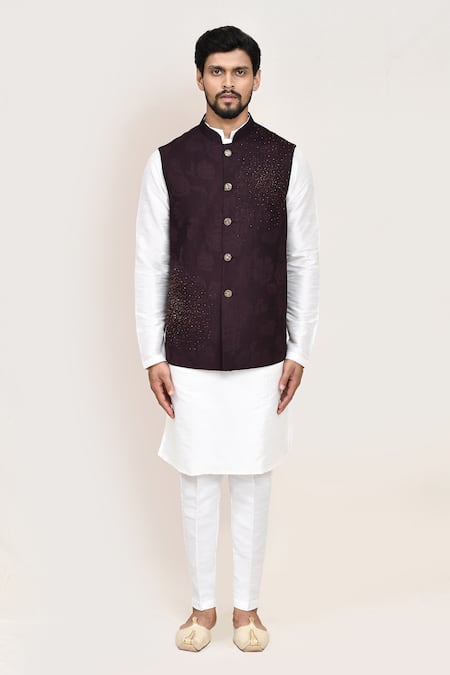 Arihant Rai Sinha_Wine Cut Work Jacquard Nehru Jacket _Online_at_Aza_Fashions
