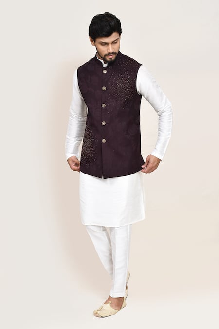 Buy_Arihant Rai Sinha_Wine Cut Work Jacquard Nehru Jacket _Online_at_Aza_Fashions