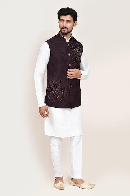 Shop_Arihant Rai Sinha_Wine Cut Work Jacquard Nehru Jacket _Online_at_Aza_Fashions