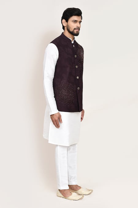 Arihant Rai Sinha_Wine Cut Work Jacquard Nehru Jacket _at_Aza_Fashions