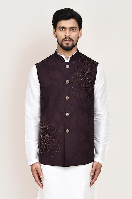 Arihant Rai Sinha Wine Jacquard Nehru Jacket 