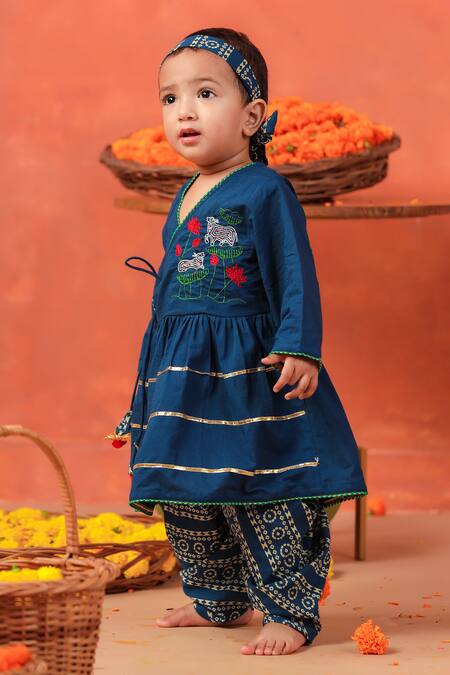 Cute Couture_Blue Cotton Embroidery Radha Rani Peplum Kurta And Dhoti Pant Set _at_Aza_Fashions