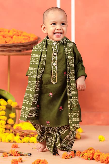 Cute Couture_Green Cotton Embroidery Rasleela Kurta And Dhoti Pant Set _Online_at_Aza_Fashions
