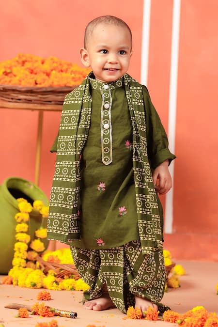 Cute Couture Green Cotton Embroidery Rasleela Kurta And Dhoti Pant Set 