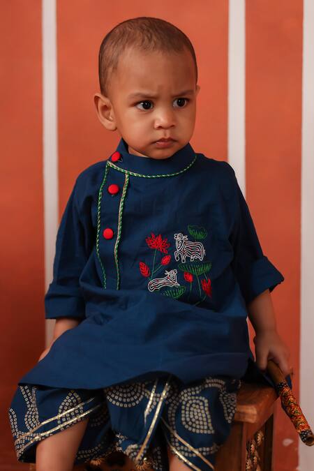 Shop_Cute Couture_Blue Cotton Embroidery Vrindavan Kurta And Dhoti Pant Set _Online_at_Aza_Fashions