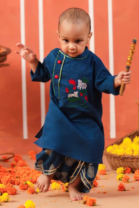 Cute Couture_Blue Cotton Embroidery Vrindavan Kurta And Dhoti Pant Set _at_Aza_Fashions