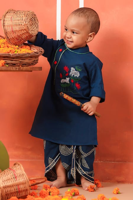 Shop_Cute Couture_Blue Cotton Embroidery Vrindavan Kurta And Dhoti Pant Set 