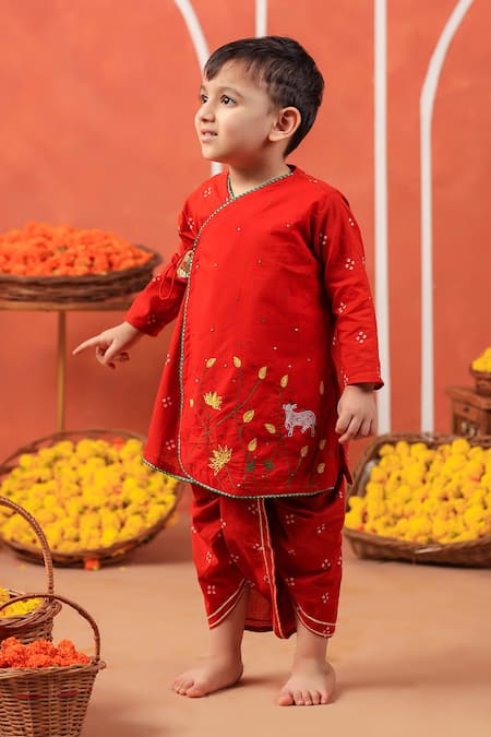 Cute Couture_Rust Cotton Embroidery Bansi Angarkha And Dhoti Pant Set _Online_at_Aza_Fashions