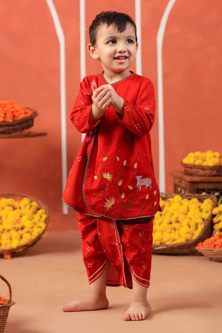 Buy_Cute Couture_Rust Cotton Embroidery Bansi Angarkha And Dhoti Pant Set _Online_at_Aza_Fashions