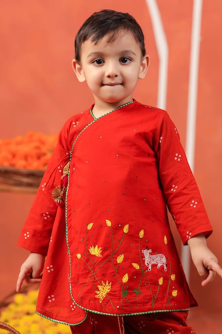 Shop_Cute Couture_Rust Cotton Embroidery Bansi Angarkha And Dhoti Pant Set _Online_at_Aza_Fashions