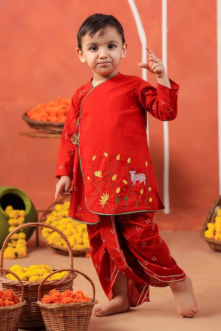 Cute Couture_Rust Cotton Embroidery Bansi Angarkha And Dhoti Pant Set _at_Aza_Fashions