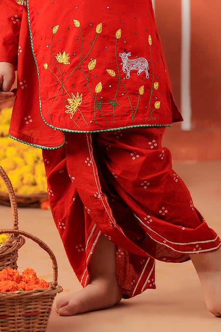 Buy_Cute Couture_Rust Cotton Embroidery Bansi Angarkha And Dhoti Pant Set 