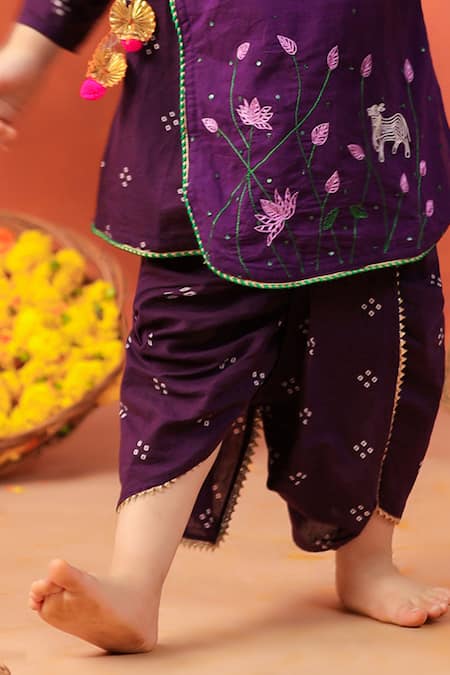 Cute Couture_Purple Cotton Embroidery Bansi Angarkha And Dhoti Pant Set _Online_at_Aza_Fashions