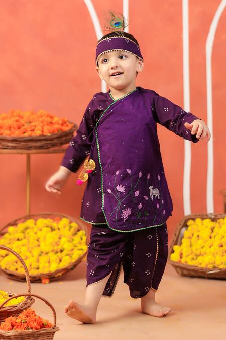 Buy_Cute Couture_Purple Cotton Embroidery Bansi Angarkha And Dhoti Pant Set _Online_at_Aza_Fashions