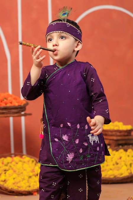 Shop_Cute Couture_Purple Cotton Embroidery Bansi Angarkha And Dhoti Pant Set _Online_at_Aza_Fashions