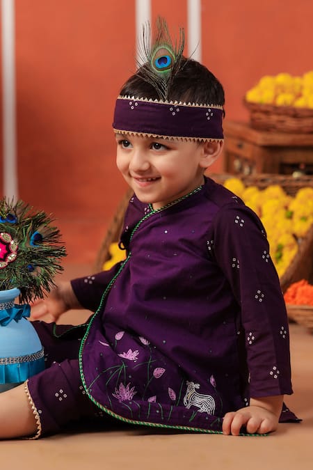 Cute Couture_Purple Cotton Embroidery Bansi Angarkha And Dhoti Pant Set _at_Aza_Fashions
