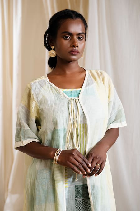 Banana Labs_Multi Color Cotton Embroidery Square Skyline Handblock Print Dress With Shrug _at_Aza_Fashions