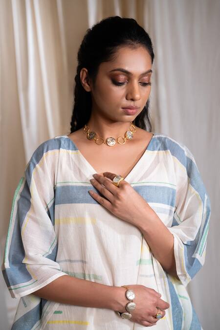 Shop_Banana Labs_Multi Color Cotton V-neck Multicolor Hand Block Print Kaftan _Online_at_Aza_Fashions