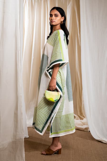 Buy_Banana Labs_Green Cotton V-neck Striped Kaftan _Online_at_Aza_Fashions