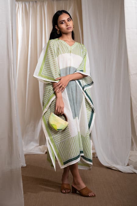 Shop_Banana Labs_Green Cotton V-neck Striped Kaftan _Online_at_Aza_Fashions