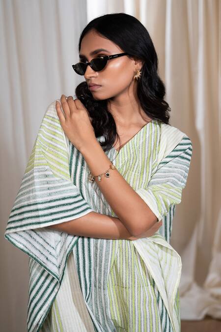 Buy_Banana Labs_Green Cotton V-neck Striped Kaftan _Online_at_Aza_Fashions