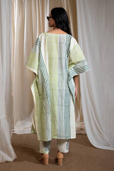 Shop_Banana Labs_Green Cotton V-neck Striped Kaftan _Online_at_Aza_Fashions