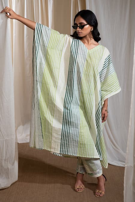 Banana Labs_Green Cotton V-neck Striped Kaftan _at_Aza_Fashions
