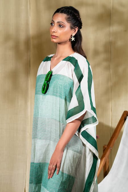 Buy_Banana Labs_Green Cotton V-neck Aqua Hand Block Print Kaftan Dress _Online_at_Aza_Fashions