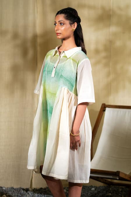 Banana Labs_Green Cotton Collared Hand Block Print Dress _Online_at_Aza_Fashions