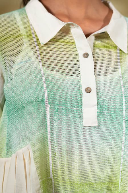 Shop_Banana Labs_Green Cotton Collared Hand Block Print Dress _Online_at_Aza_Fashions