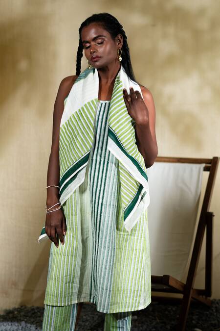 Banana Labs_Green Cotton Square Neck Hand Block Print Dress _Online_at_Aza_Fashions