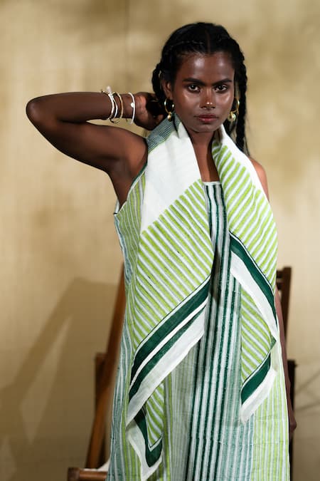 Shop_Banana Labs_Green Cotton Square Neck Hand Block Print Dress _Online_at_Aza_Fashions