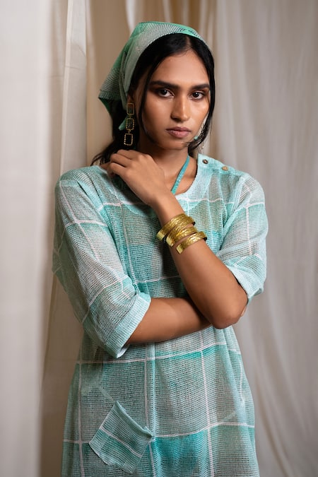 Banana Labs_Blue Cotton Crew Neck Aqua Hand Block Print Dress _Online_at_Aza_Fashions