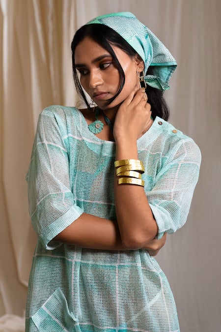 Buy_Banana Labs_Blue Cotton Crew Neck Aqua Hand Block Print Dress _Online_at_Aza_Fashions