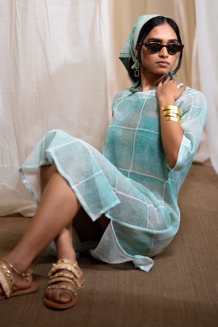 Shop_Banana Labs_Blue Cotton Crew Neck Aqua Hand Block Print Dress _Online_at_Aza_Fashions