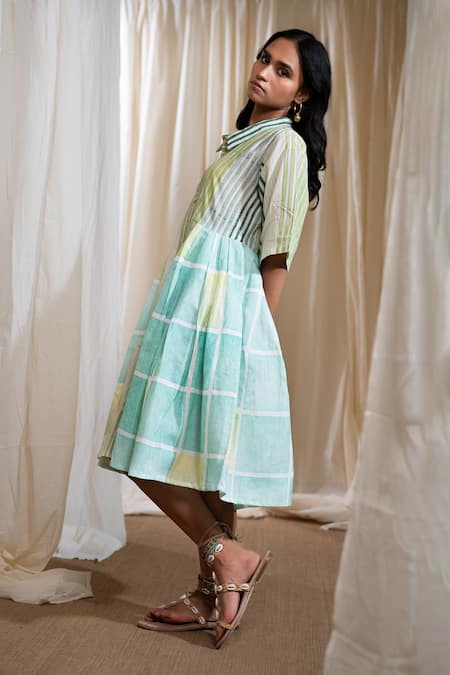 Banana Labs_Green Cotton Collared Aqua Blue And Striped Dress _Online_at_Aza_Fashions