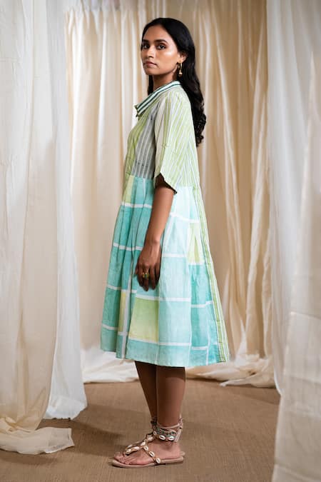 Buy_Banana Labs_Green Cotton Collared Aqua Blue And Striped Dress _Online_at_Aza_Fashions