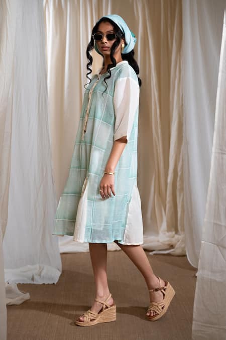 Buy_Banana Labs_Blue Cotton Collared Aqua Hand Block Print Dress _Online_at_Aza_Fashions