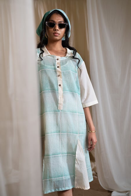 Shop_Banana Labs_Blue Cotton Collared Aqua Hand Block Print Dress _Online_at_Aza_Fashions