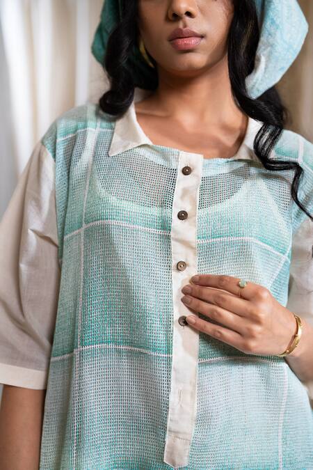 Banana Labs_Blue Cotton Collared Aqua Hand Block Print Dress _at_Aza_Fashions