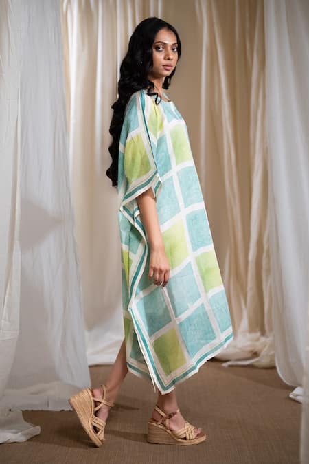 Banana Labs_Green Cotton Round Neck Aqua Blue And Hand Block Kaftan _Online_at_Aza_Fashions