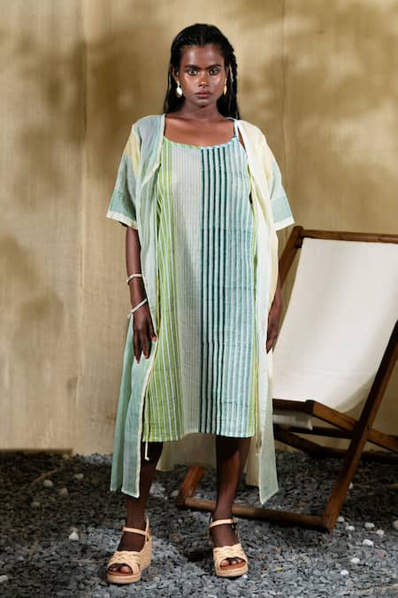 Banana Labs Multi Color Cotton Embroidery Round Skyline Handblock Print Dress With Shrug 
