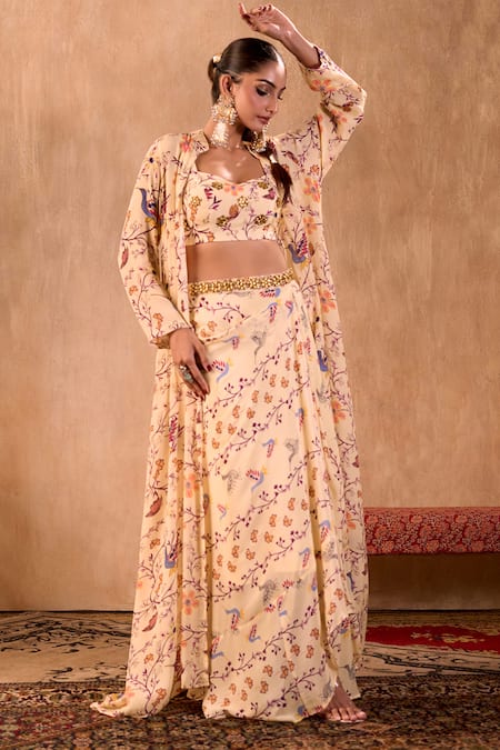 Mehak Murpana X AZA_Ivory Crepe Embroidery Sweetheart Neck, Floral Print Draped Skirt Jacket Set _Online_at_Aza_Fashions