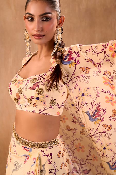 Buy_Mehak Murpana X AZA_Ivory Crepe Embroidery Sweetheart Neck, Floral Print Draped Skirt Jacket Set _Online_at_Aza_Fashions