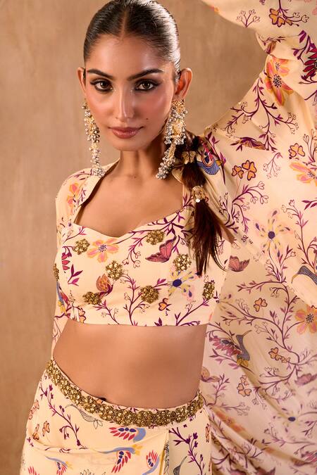 Shop_Mehak Murpana X AZA_Ivory Crepe Embroidery Sweetheart Neck, Floral Print Draped Skirt Jacket Set _Online_at_Aza_Fashions