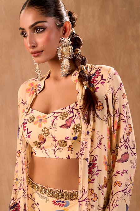 Buy_Mehak Murpana X AZA_Ivory Crepe Embroidery Sweetheart Neck, Floral Print Draped Skirt Jacket Set 