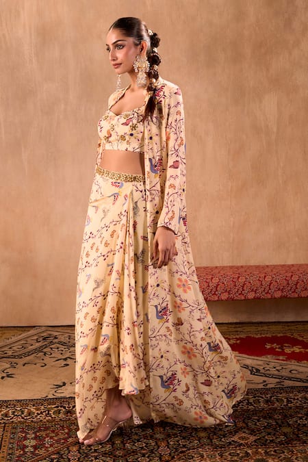 Shop_Mehak Murpana X AZA_Ivory Crepe Embroidery Sweetheart Neck, Floral Print Draped Skirt Jacket Set 