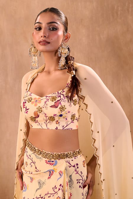 Buy_Mehak Murpana X AZA_Ivory Crepe, Georgette Embroidery Sweetheart Neck Floral Print Draped Skirt Set _Online_at_Aza_Fashions