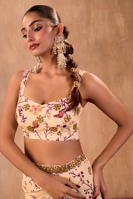 Shop_Mehak Murpana X AZA_Ivory Crepe, Georgette Embroidery Sweetheart Neck Floral Print Draped Skirt Set _Online_at_Aza_Fashions