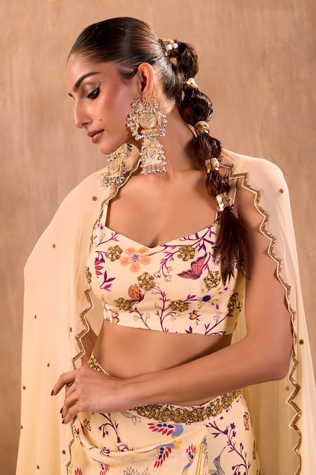 Mehak Murpana X AZA_Ivory Crepe, Georgette Embroidery Sweetheart Neck Floral Print Draped Skirt Set _at_Aza_Fashions